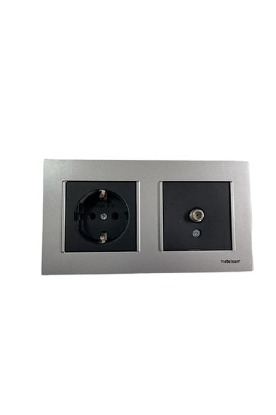 Netelsan Black Grounded Socket Black Satellite Socket - Matte Silver Double Frame Combination