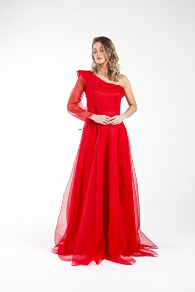 ALİS DRESS Kırmızı Rengi Çift Yaka Fırfır Detaylı Abiye