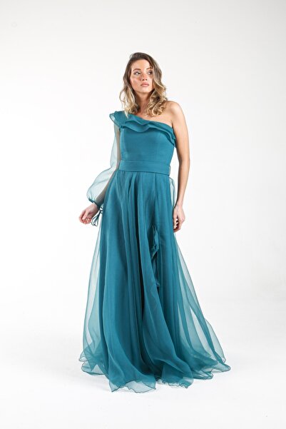 ALİS DRESS Yeşil Rengi Çift Yaka Fırfır Detaylı Abiye
