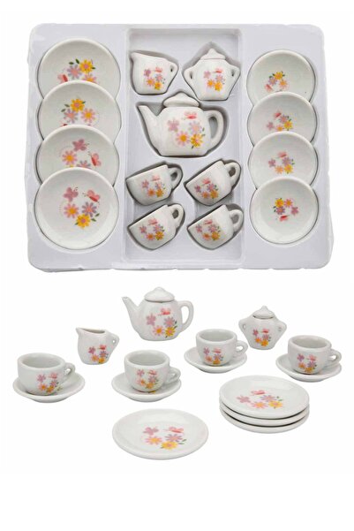 LABİRENTMARKET 17 Parça Çiçek Desenli Porselen Çay Takımı Oyuncak Evcilik Seti