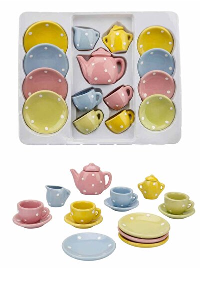 LABİRENTMARKET 17 Parça Renkli Puantiyeli Porselen Çay Takımı Oyuncak Evcilik...