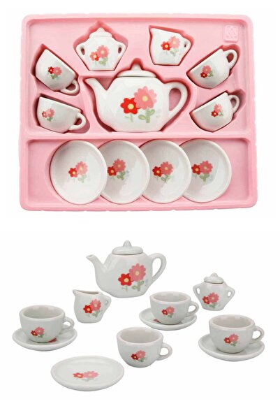 LABİRENTMARKET 13 Parça Çiçek Desenli Porselen Çay Takımı Oyuncak Evcilik Seti