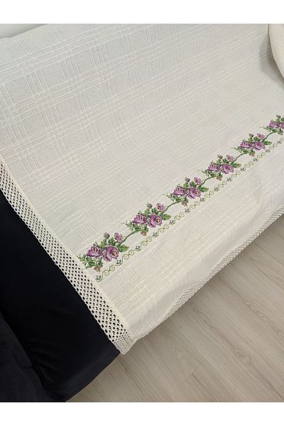 TUNCAY TEKSTİL 350 cm Purple Cross Stitch Sofa Bed Sofa Cover - Embroidered Sofa
