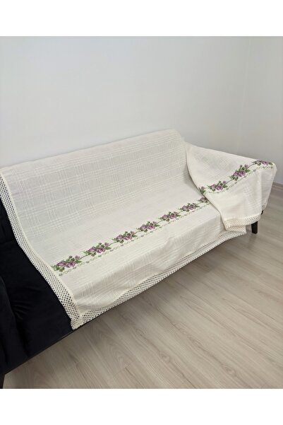 TUNCAY TEKSTİL 350 cm Purple Cross Stitch Sofa Bed Sofa Cover - Embroidered Sofa