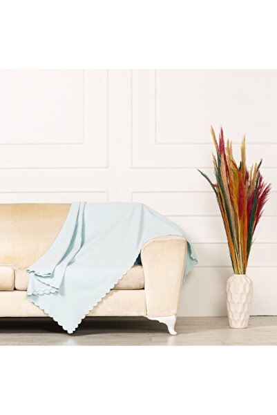 benimol Buz Mavisi Dokuma Kadife Şönil Düz Kumaş Çift Taraflı Koltuk Şalı Ört...