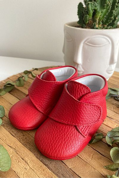 Li Puna Leather Velcro Baby Boots Red