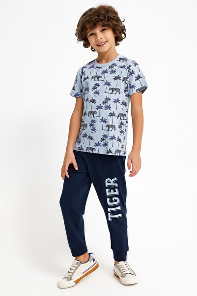 ROLY POLY Erkek Çocuk Duman Rengi Tıger Baskılı Kısa Kol Uzun Pantolon Pijama Takımı