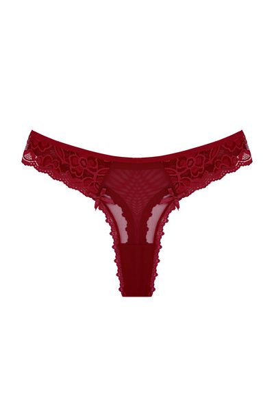 Zena Women's Thong Panties - Claret Red, Tulle Lace Detail, Front and Back Thong