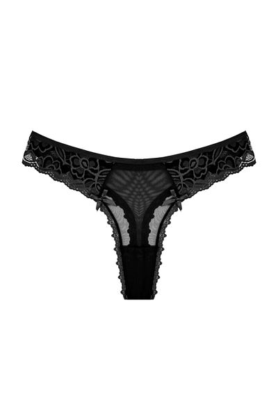 Zena Women's Thong Panties - Black, Tulle Lace Detail, Front and Back