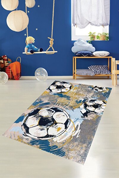 Pelangi Futbol Topu Desenli Dijital Baskı Yıkanabilir Kaymaz Taban Çocuk Odas...
