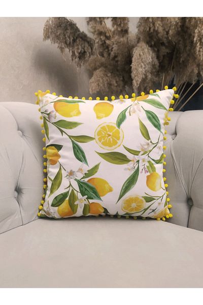 Alkan Homes Double Sided Lemon Patterned Pompom Throw Pillow Cover