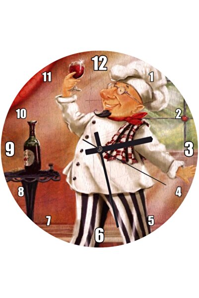 Cakatablo Şarap Tadan Aşçı Figürü Duvar Saati Çap 50x50 cm