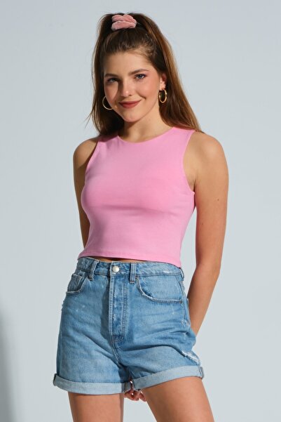 MD trend Women's Pink Strappy Basic Crop Blouse