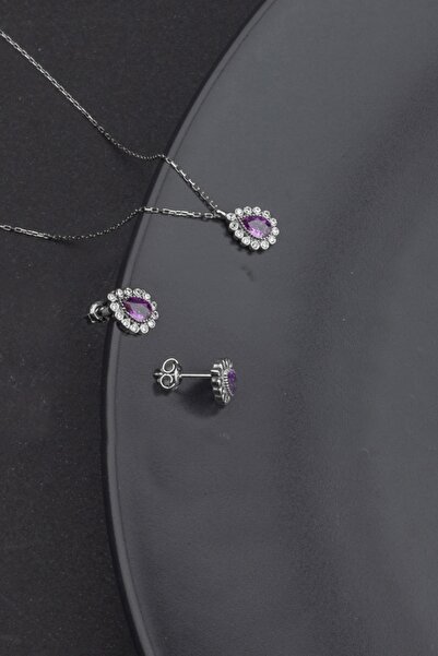 Miavi Silver 925 Ayar Gümüş Ametist Damla Model Kolye Ve Küpe Takı Seti