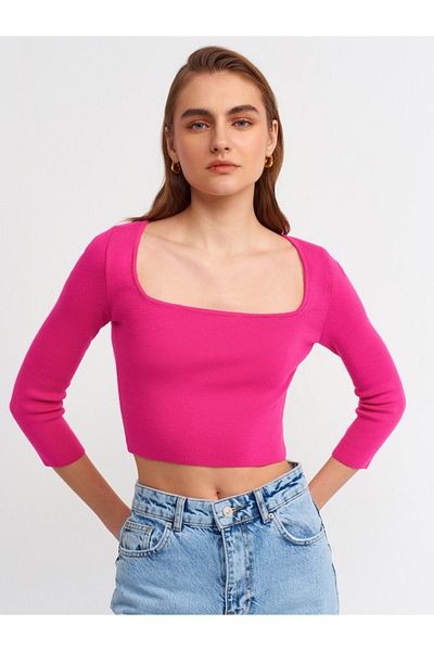 Dilvin 10177 Kurzer Pullover mit eckigem Kragen - Fuchsie