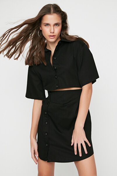 Trendyol Collection Limited Edition Black A-line Window Detailed Shirt Collar Mini Woven Dress TWOSS21EL1780