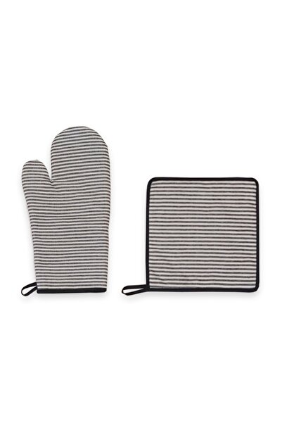 ÖDEL HOME طقم قفازات وحامل من قماش بولدان مخطط منقوش مكون من قطعتين