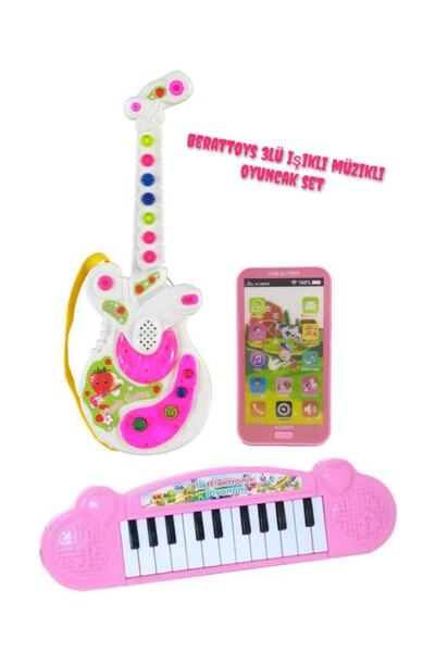 berattoys 3lü Eğitici Set Türkçe Müzikli Gitar&dokunmatik Telefon&22 Tuş Piyano