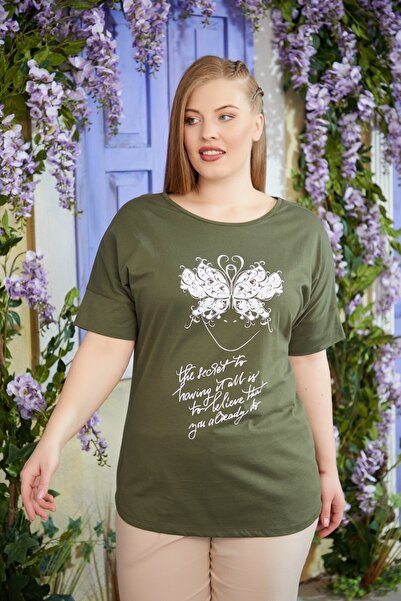 RMG Sırt Detaylı Baskılı Büyük Beden Haki Tişört