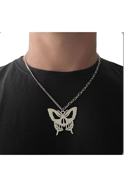 Köstebek Gothic Punk Skull Butterfly Harajuku Butterfly Necklace