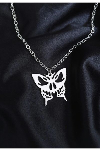 Köstebek Gothic Punk Skull Butterfly Harajuku Butterfly Necklace