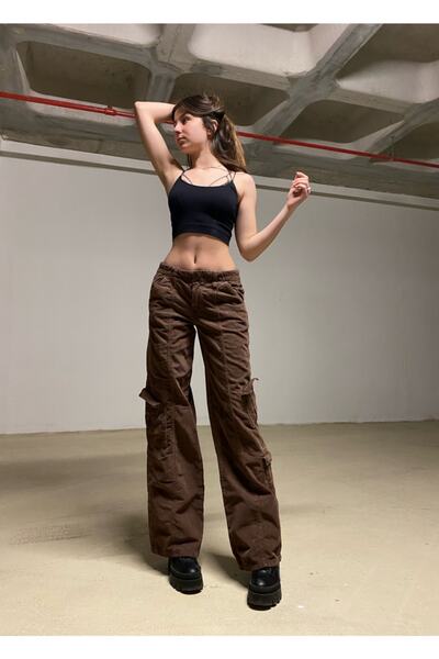 Urban Outfitters Bdg Jeans Y2k Kahverengi Kadife Kargo Baggy Fit Jeans