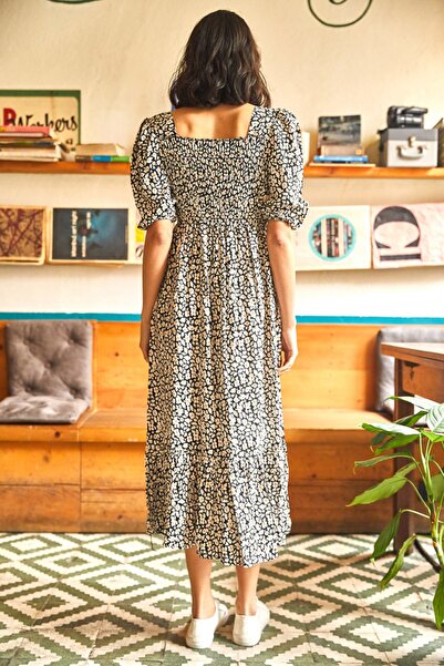 Olalook Schwarzes, elastisches, lässiges Kleid aus gewebter Viskose mit Gänseblümchenmuster für Damen ELB-19001483