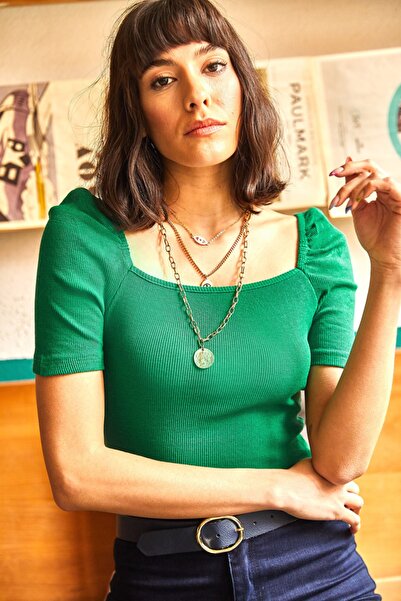 Olalook Dámská košilová halenka s trávovým zeleným čtvercovým límcem BLZ-19001383