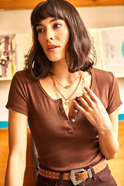 Olalook Γυναικεία μπλούζα καμιζόλα Bitter Brown Snap-On BLZ-19000171