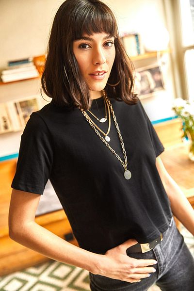Olalook Tricou negru pentru femei, din bumbac, cu decolteu rotund, din lycra, tricotat TSH-19000637