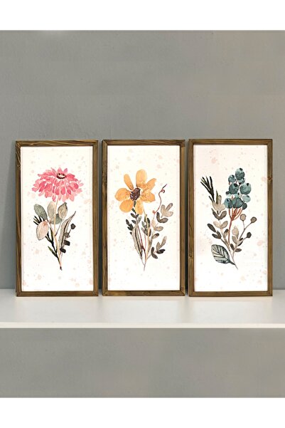 Vetro Design Suluboya Çiçekler Ahşap Çerçeveli Tablo Set (25x49 Cm)