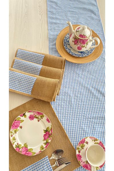 White Alamode Σετ σέρβις Gingham Blue Runner And Jut American Service