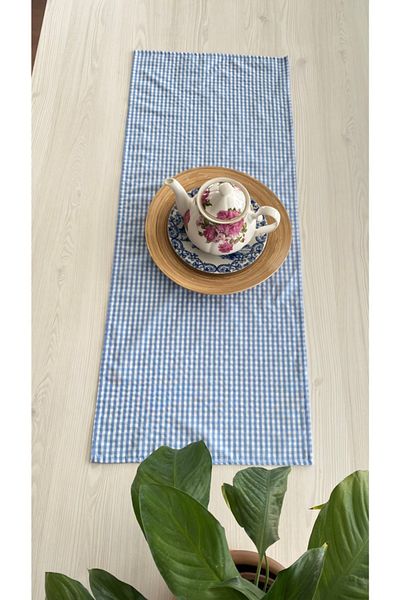 White Alamode Gingham Blue Runner 40x100εκ