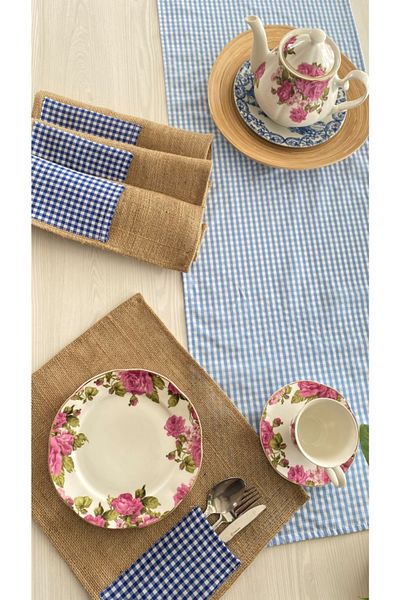 White Alamode Σετ σέρβις Gingham Blue Runner And Jut Navy Blue American Service