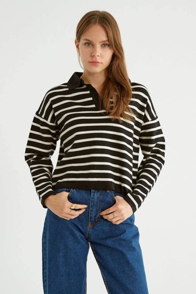 the basics Polo Neck Striped Knitwear Sweater Black Be9422