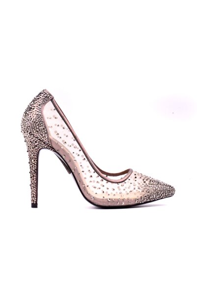 derinet ????sindirella Platin Taş Aksesuarlı Fileli Stiletto