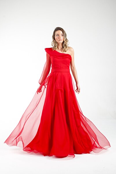 ALİS DRESS Kırmızı Rengi Çift Yaka Fırfır Detaylı Abiye