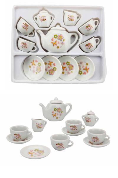 LABİRENTMARKET 13 Parça Kalp Desenli Çiçekli Porselen Çay Takımı Oyuncak Evci...