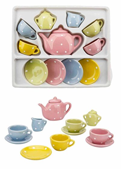 LABİRENTMARKET 13 Parça Renkli Puantiyeli Porselen Çay Takımı Oyuncak Evcilik...