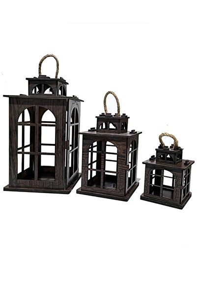 ADF TOPTAN Fener Mumluk Dekoratif Ahşap 30 Cm Lik 3 Lü Fener Şamdan Takımı