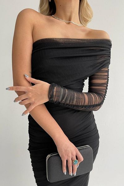 bayansepeti Podšívaná tylová látka Detail s jedním rukávem Zásnubní šaty Slim Fit Midi Délka Černá tužka 109