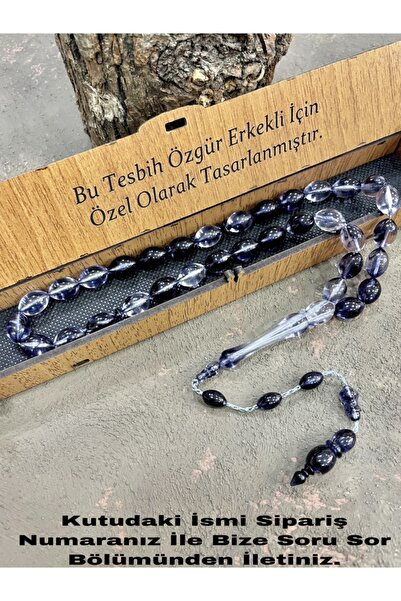 KANUNİ TESBİH Arpa Kesim Şeffaf Hareli Ahşap Kutulu Toz Kehribar Tesbih