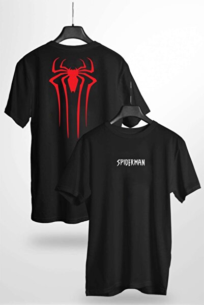 venüsdijital Spiderman Tasarım Ön Arka Baskılı Unisex Siyah Tshirt