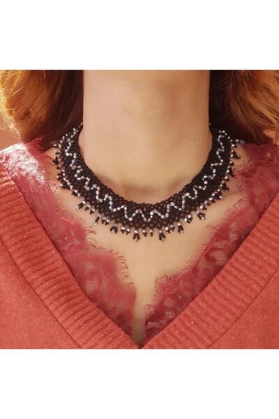 Handmade By HLY El Yapımı Kristal Taşlı Siyah-gümüş Kolye
