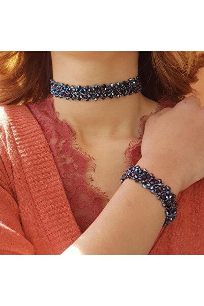 Handmade By HLY El Yapımı Antrasit Kristal Taşlı Choker Kolye