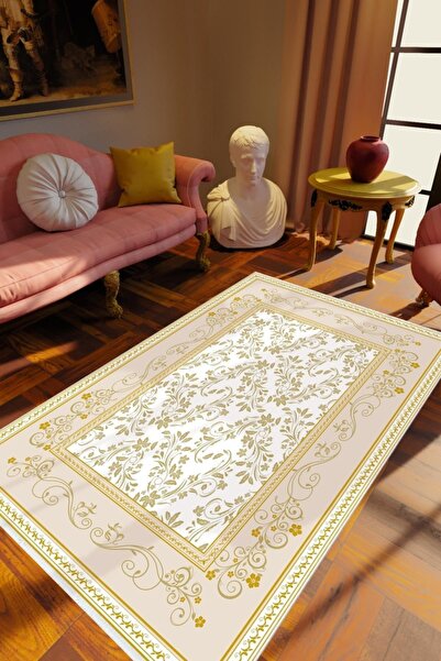 10 Post Online Salon Halısı Çiçekli Gold Kilim Altın Beyaz Mor Bej Kaydırmaz ...