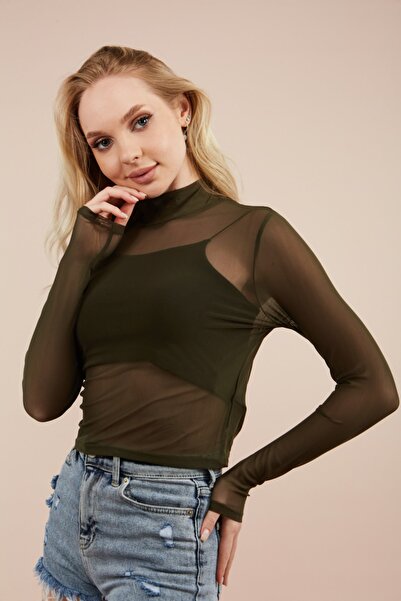 MEECY Women's Khaki High Collar Transparent Tulle Blouse