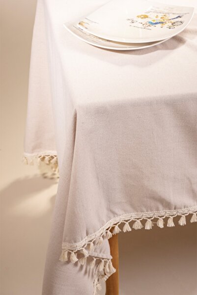 vivamaison Beige Colored Cotton Pompom Tablecloth