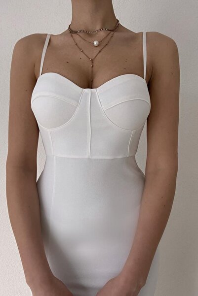 bayansepeti Біла сукня з наповненими грудьми, тонкі бретелі, розріз, середньої довжини, біла сукня для заручин 129