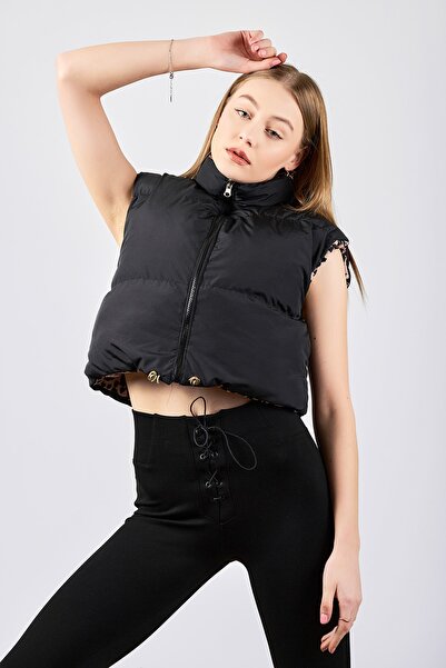 ladyzey Women's Beige Black Double Sided Drawstrable Short Puffer Vest